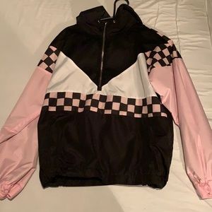 pink and black checkered jacket